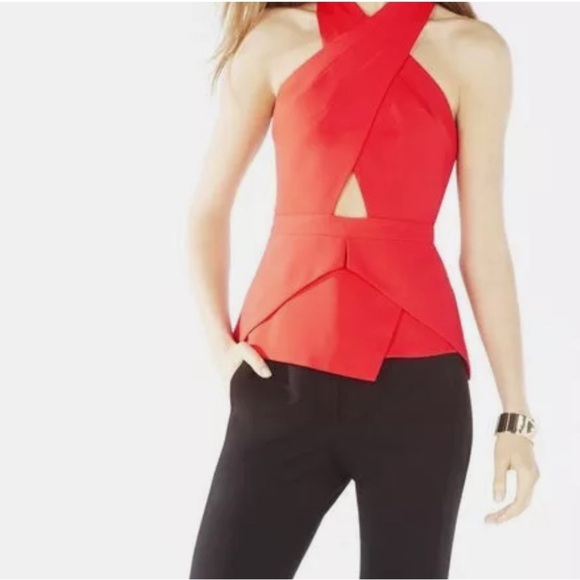 BCBGMAXAZRIA Remmie Open-Back Peplum Halter Top red - Picture 1 of 12